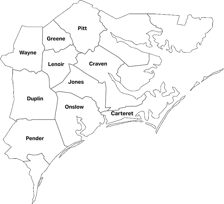 Map of Eastern North Carolina highlighting service areas for Signature Homes, including Lenoir, Carteret, Onslow, Pender, New Hanover, Cape Carteret, Wayne, Greene, Pitt, Craven, Jones, and Duplin counties
